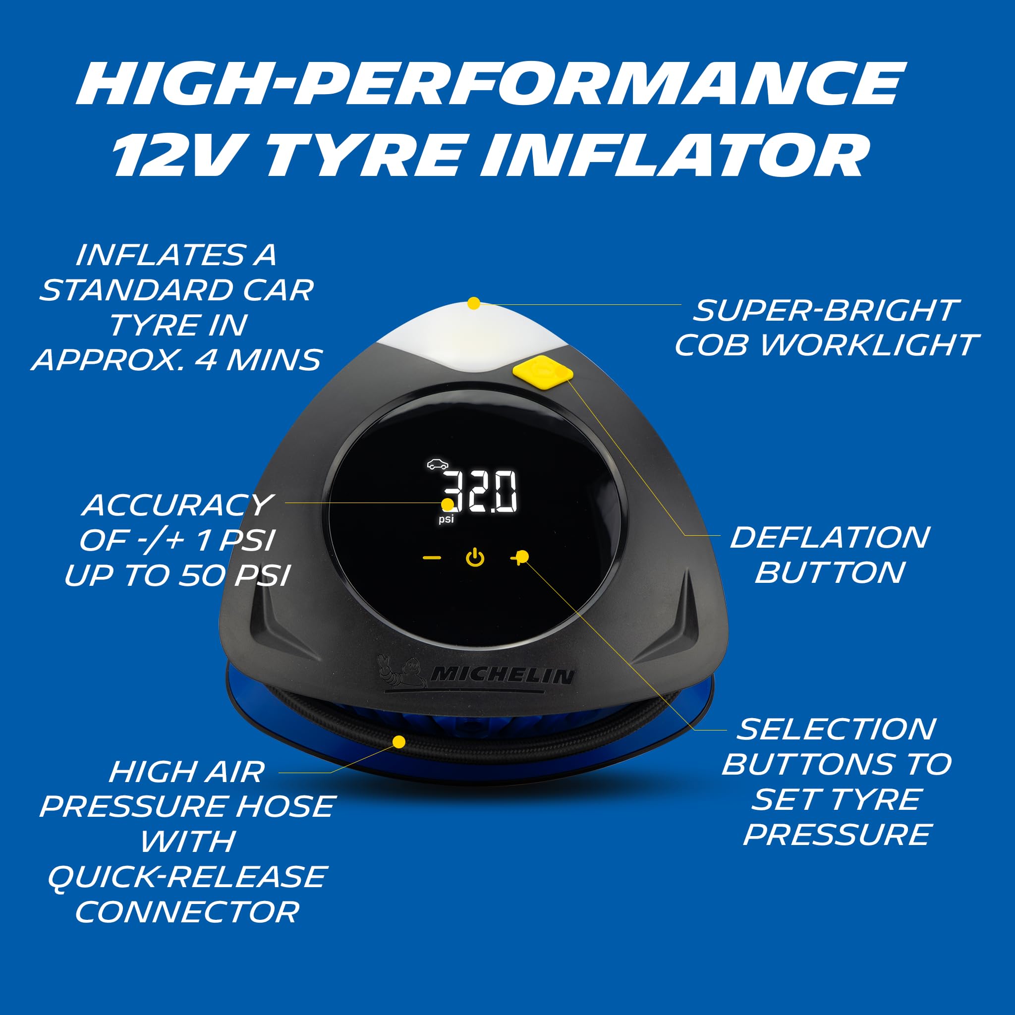 MICHELIN High Performance Programmable Rapid 12V Car Tyre Inflator Air Compressor - Portable Air Pump and Digital Tyre Pressure Gauge - Car Accessories