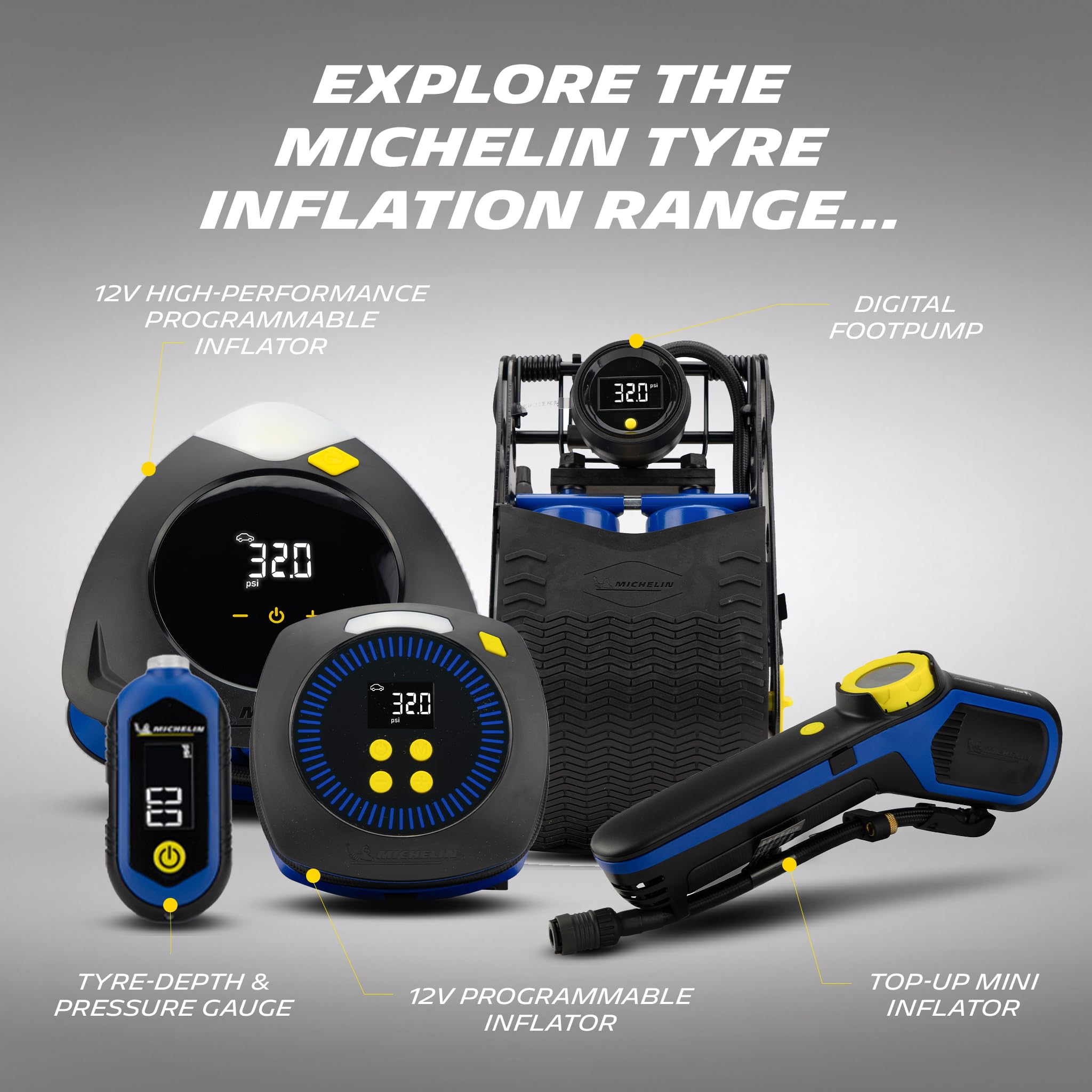 MICHELIN High Performance Programmable Rapid 12V Car Tyre Inflator Air Compressor - Portable Air Pump and Digital Tyre Pressure Gauge - Car Accessories
