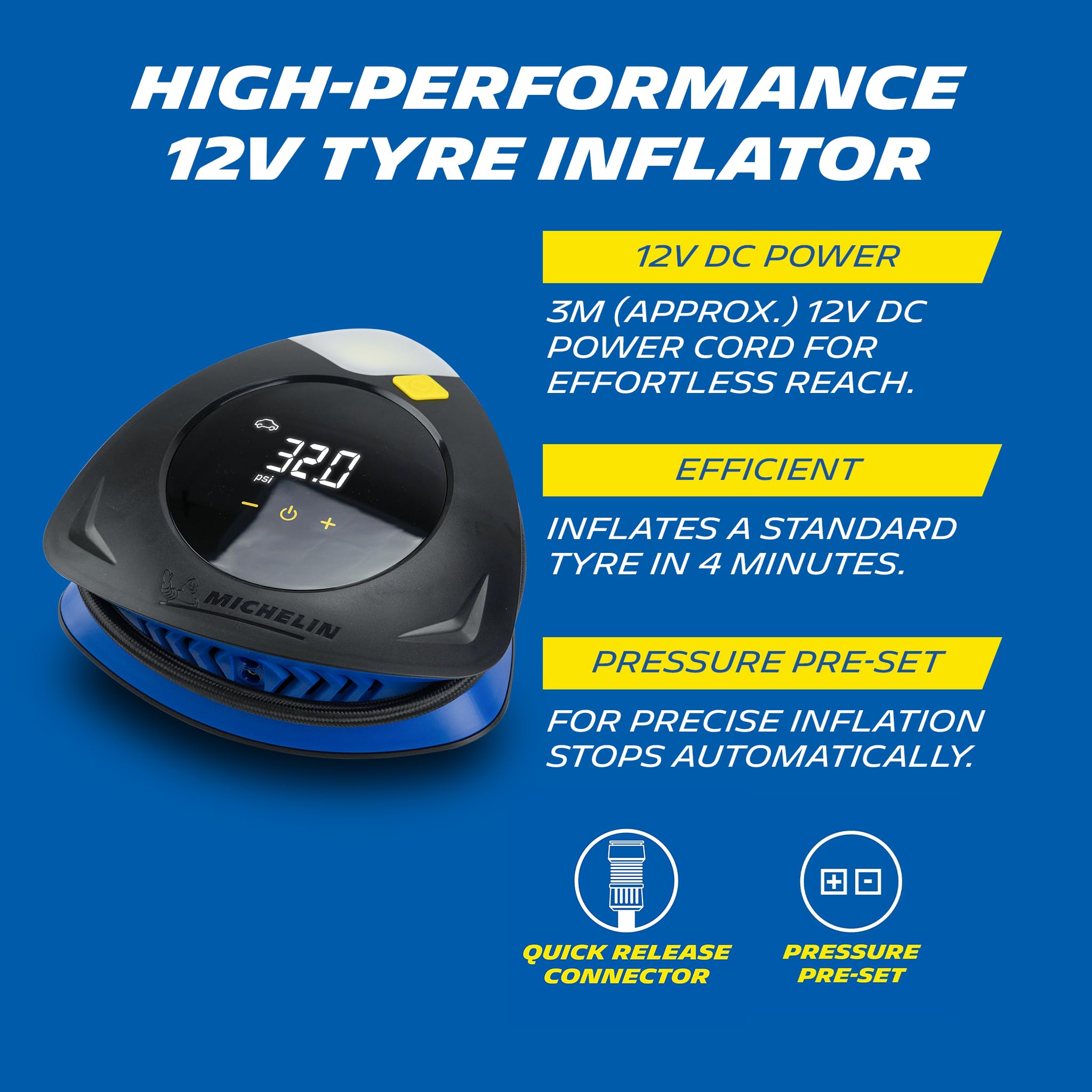 MICHELIN High Performance Programmable Rapid 12V Car Tyre Inflator Air Compressor - Portable Air Pump and Digital Tyre Pressure Gauge - Car Accessories